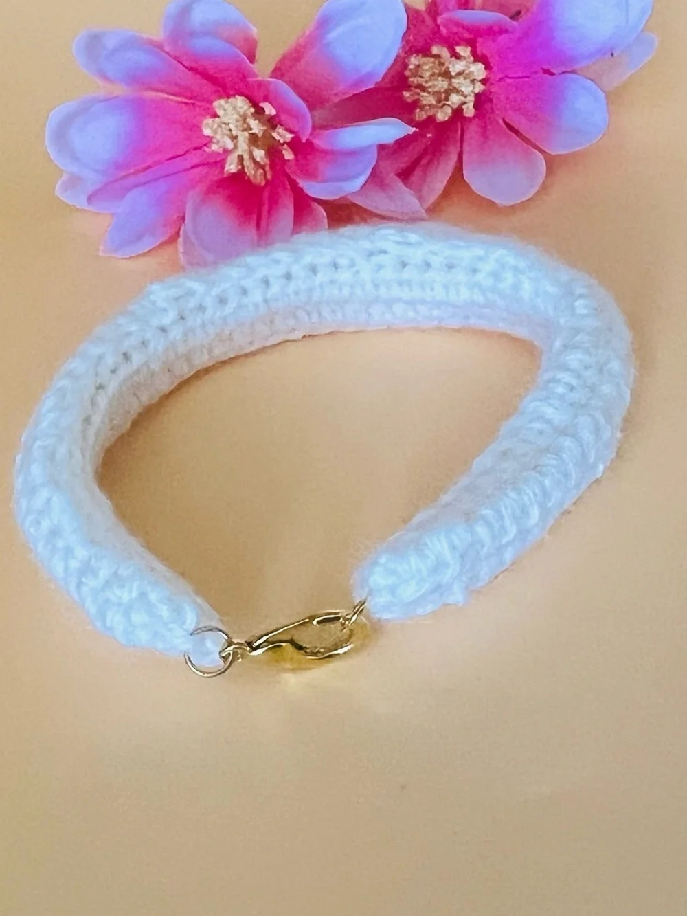 Handcrafted White crochet Bracelet with Gold Clasp